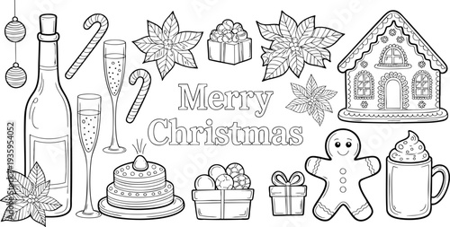Black and white christmas illustration with holiday symbols and decorations Vector