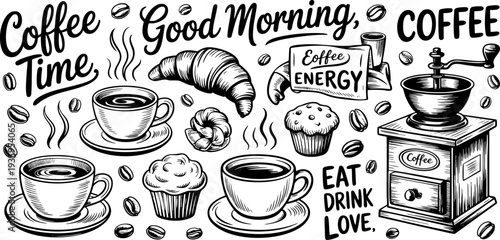 Whimsical coffee time illustration with pastries and coffee brewer Vector