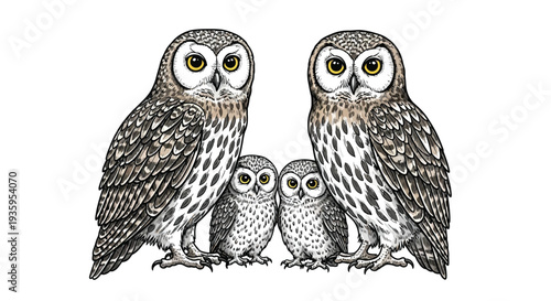 A family of tawny owls illustrated in a detailed vintage style