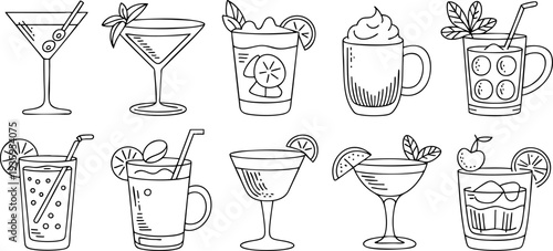 Hand-drawn cocktail illustrations with fresh fruits and garnishes Vector