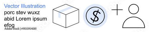 E-commerce, customer engagement, financial transactions, logistics, online shopping, digital business. Box, dollar symbol user icon in a minimal design. E-commerce and customer engagement concept