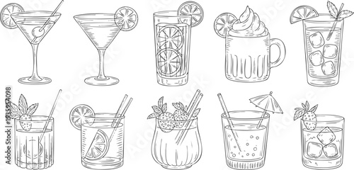 Set of 8 various cocktail illustrations in minimalist line art style for bar menu or beverage guide Vector