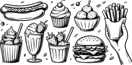 Hand-drawn fast food illustration with various tasty items Vector