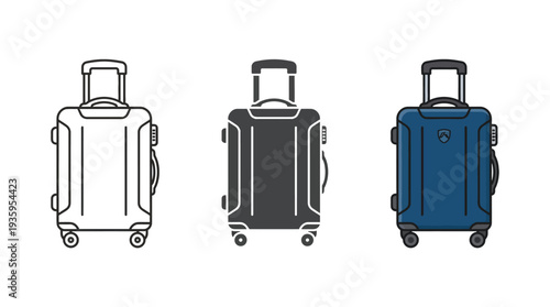 Suitcase Set with Different Colors on Wheels Isolated on White Background