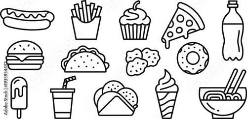 Black and white line drawing of various fast food items and desserts Vector