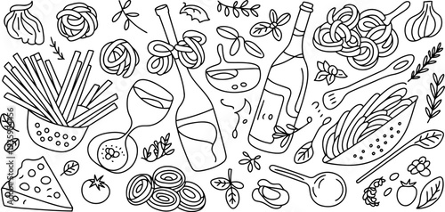 Hand-drawn food and drink illustration with wine, cheese, and various cuisine elements Vector