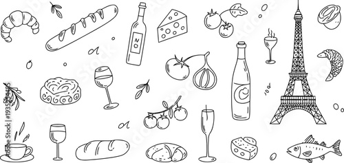 Black and white parisian illustrations with eiffel tower and french food icons Vector