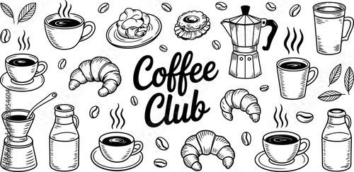 Vintage coffee club illustration with croissants and coffee cups Vector