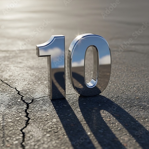Large shiny metallic number ten on a cracked pavement surface under sunlight
