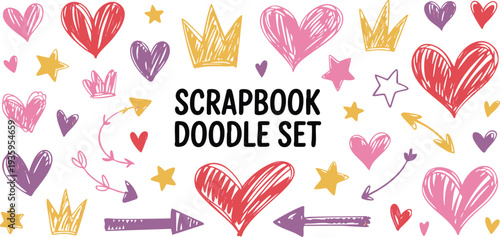 Whimsical scrapbook doodle set with hearts, crowns, and stars illustration Vector
