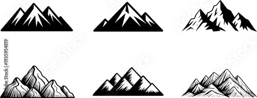 Set of black and white mountain range illustrations in various styles Vector