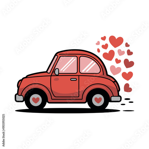 Small red car drives with many hearts symbolizing loving transportation.