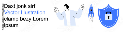 Business planning, innovation, cybersecurity, digital strategy, technology startups, growth. Person gesturing, blue rocket security shield with lock. Innovation and cybersecurity