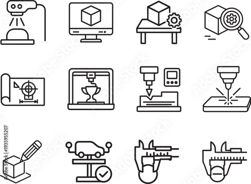 Premium engineering and product development outline icon set with prototyping modeling signs.