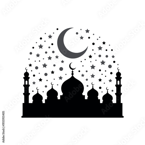 Mosque silhouette under crescent moon represents Islamic holy night.