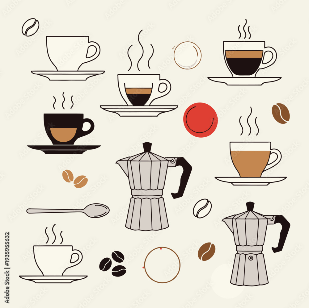 Fototapeta premium Set of various coffee cups coffee beans and moka pots on light background perfect for cafe menu or decoration