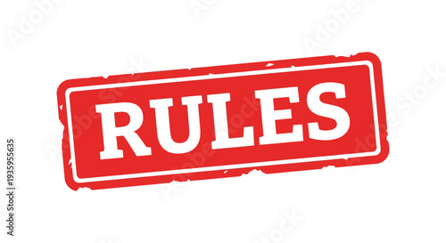 A vibrant red rectangular stamp displays the word rules in bold white lettering creating a striking silhouette high quality professional detailed