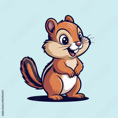 Cute cartoon chipmunk with large cheeks stands happily on a light blue.