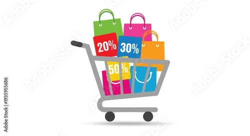 Colorful shopping cart filled with sale bags displaying percentage discounts a vibrant promotional image silhouette high quality professional detailed modern elegant