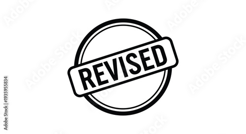 A stark black silhouette of a circular stamp displaying the word revised in bold capital letters a design element silhouette