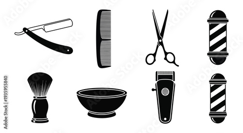 A collection of barber tools including a straight razor comb scissors and shaving brush presented as a silhouette high quality professional