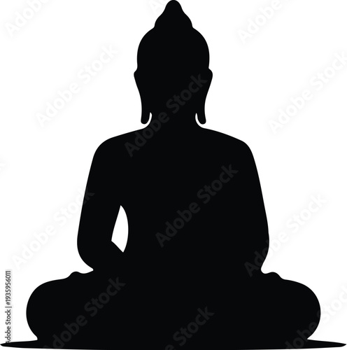 Black silhouette of meditating buddha figure in lotus position on transparent background