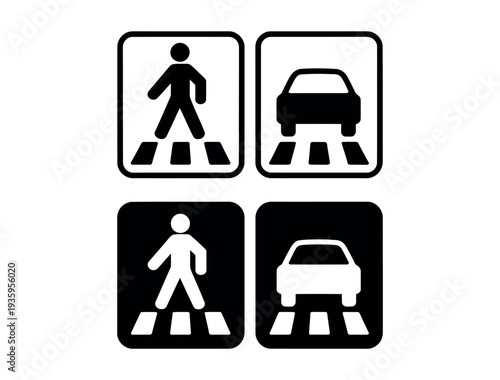 A set of four traffic signs indicating pedestrian and vehicle crossings on a white background