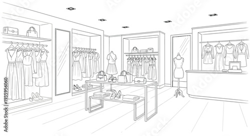 A detailed line drawing showcases the interior of a boutique clothing store complete with racks displays and a checkout counter silhouette