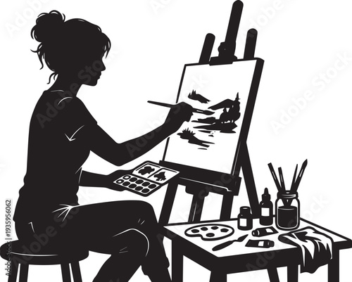 Female Artist Painting Easel Studio Silhouette Vector