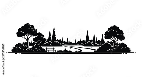 A striking black and white cityscape framed by lush trees and a park bench presented as a silhouette high quality professional