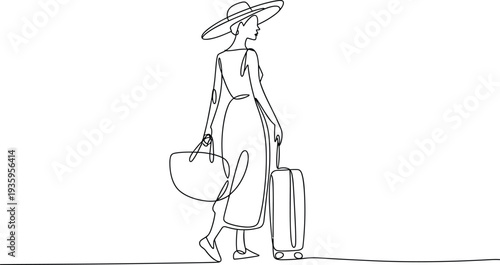 Continuous line drawing elegant woman traveler with suitcase and hat minimalist female travel fashion vector illustration concept