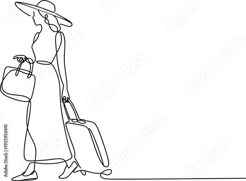 Continuous line drawing elegant woman walking with suitcase stylish female traveler minimalist travel fashion vector illustration