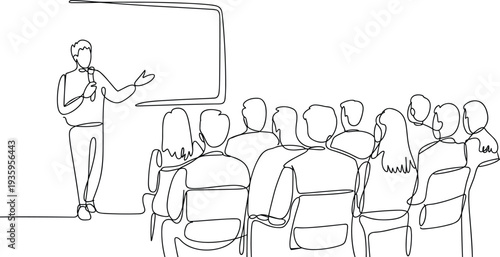 Continuous line drawing of teacher presenting to students in classroom seminar audience training concept illustration