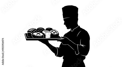 Chef Holding Tray of Pastries Silhouette.