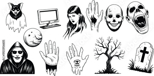 Hand-drawn black and white horror vector illustration set featuring spooky ghosts, creepy skulls, occult symbols, gothic grim reaper, and vintage halloween cemetery graveyard elements