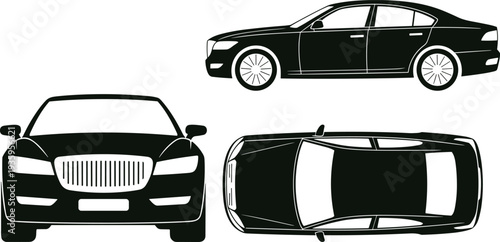 Luxury black executive sedan car vector illustration with front side and top view isolated on white background for automotive branding