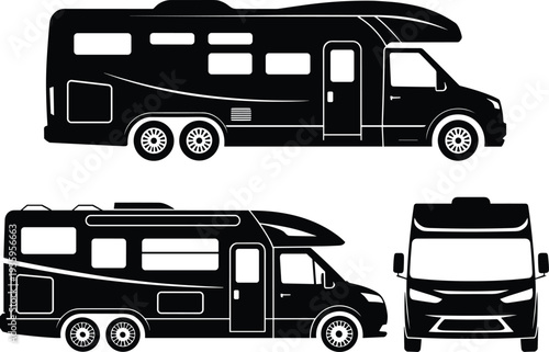 Luxury motorhome RV camper van silhouette set isolated on white background featuring side profile rear and front views