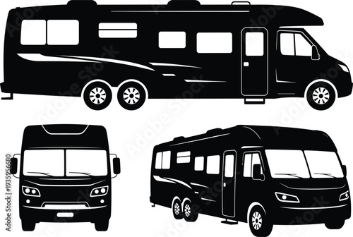 Luxury motorhome RV camper van silhouette set isolated on white background showing side front and perspective views
