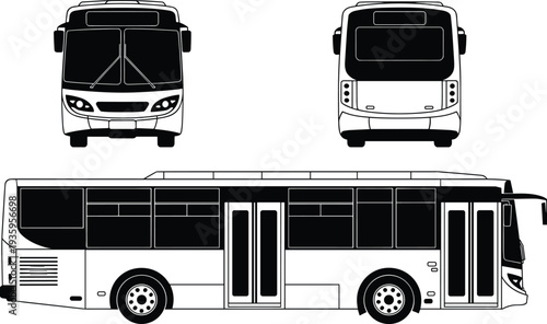 Modern city public transport bus vector illustration with front rear and side views isolated on white background for transit design