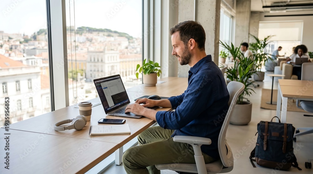 Fototapeta premium Professional man working on laptop in modern office with city view