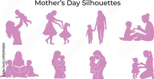Silhouettes depicting mothers with children in various affectionate poses