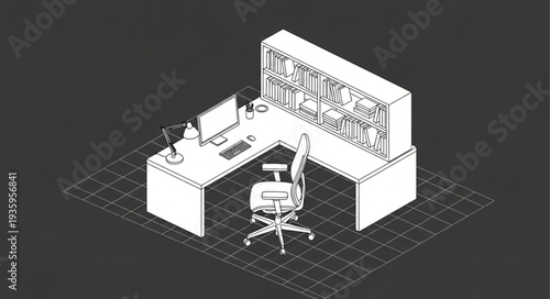 Modern Office Desk with Computer and Chair Isometric View.