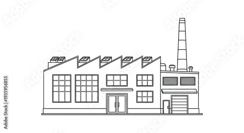 A detailed line drawing depicts an industrial factory building with a prominent smokestack presented as a silhouette high quality professional modern