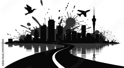 Urban city skyline silhouette with airplane bird and road reflection abstract vector illustration travel and transportation concept