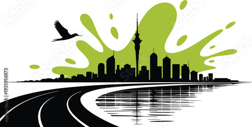 Urban city skyline silhouette with green splash background bird curved road and water reflection travel vector illustration concept