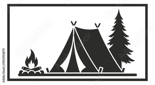 Simple black and white illustration of a tent campfire and pine tree