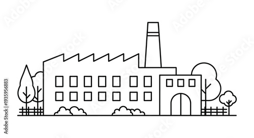 A minimalist line drawing depicts a factory building and surrounding landscape in stark black and white silhouette high quality professional detailed