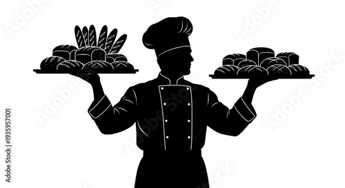 Silhouette of a chef holding food.