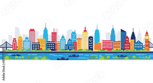 A vibrant colorful cityscape featuring various buildings and a river presented in a distinct flat design silhouette high quality professional detailed