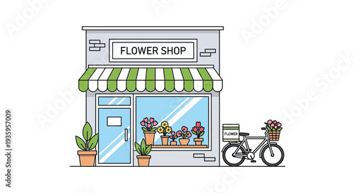 A colorful illustration depicts a quaint flower shop facade with a bicycle featuring a distinct silhouette high quality professional detailed modern